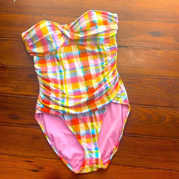 Bleu Rod Beattie rainbow plaid ruched slimming strapless one piece swimsuit 12 - Picture 1 of 6